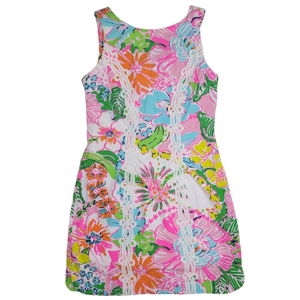 Lilly Pulitzer nosey posey neon floral shift dress with lace size 4